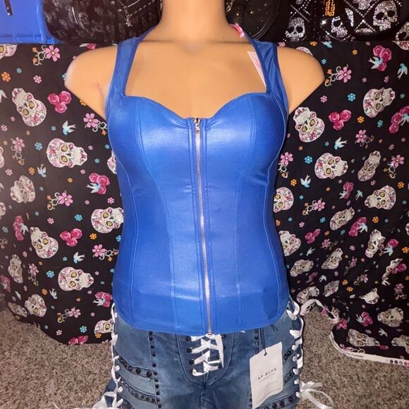 Lydia USA Front Zip Tie Back Corset Royal Blue - Picture 1 of 3